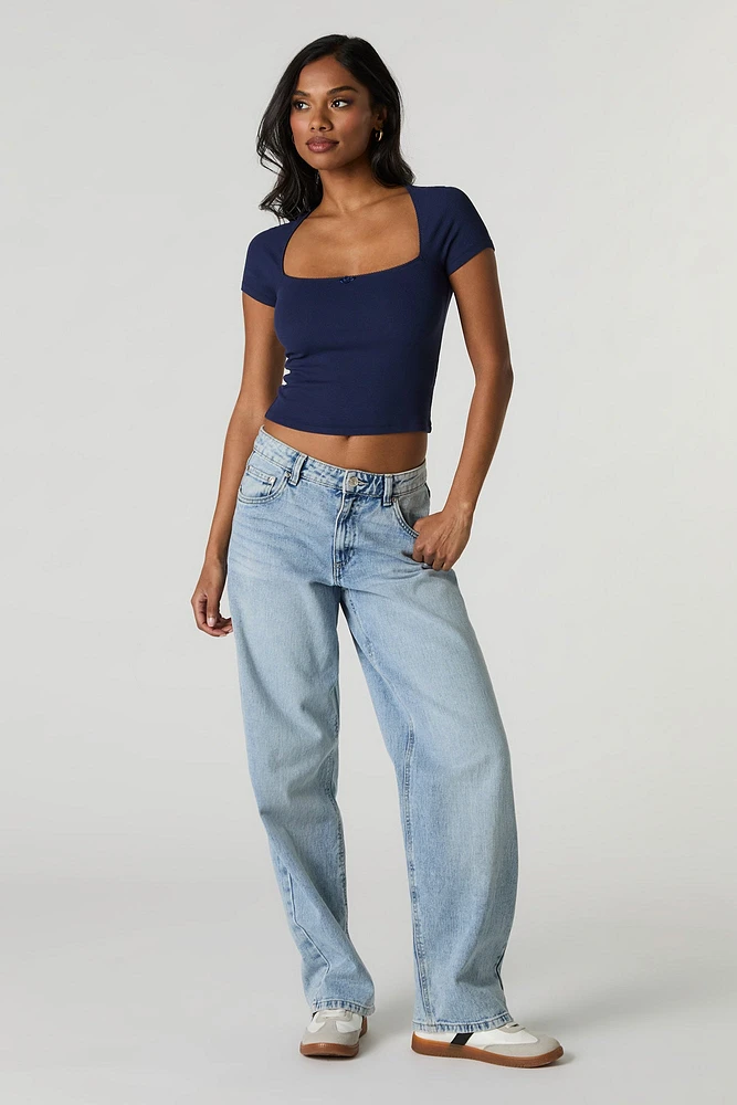 Ribbed Square Neck Rosette Cropped T-Shirt