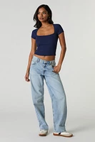 Ribbed Square Neck Rosette Cropped T-Shirt