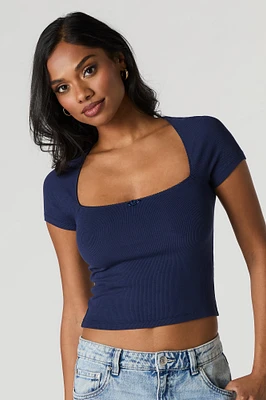 Ribbed Square Neck Rosette Cropped T-Shirt