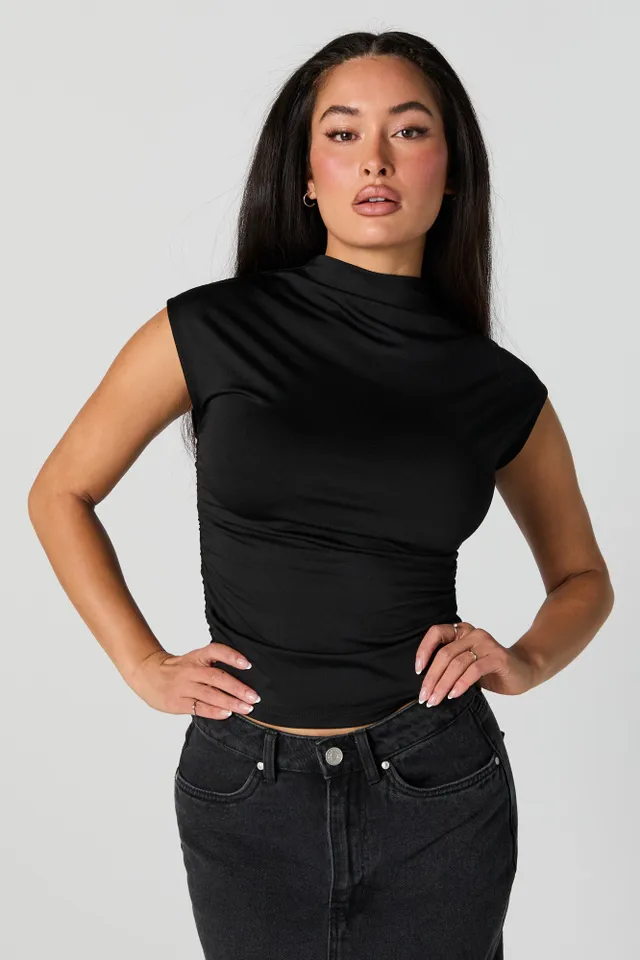 Long-Sleeve Eyelet Top with Mock Neckline