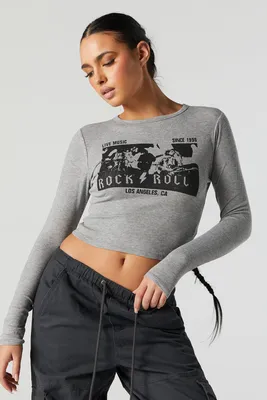 Rock and Roll Graphic Long Sleeve Crop Top