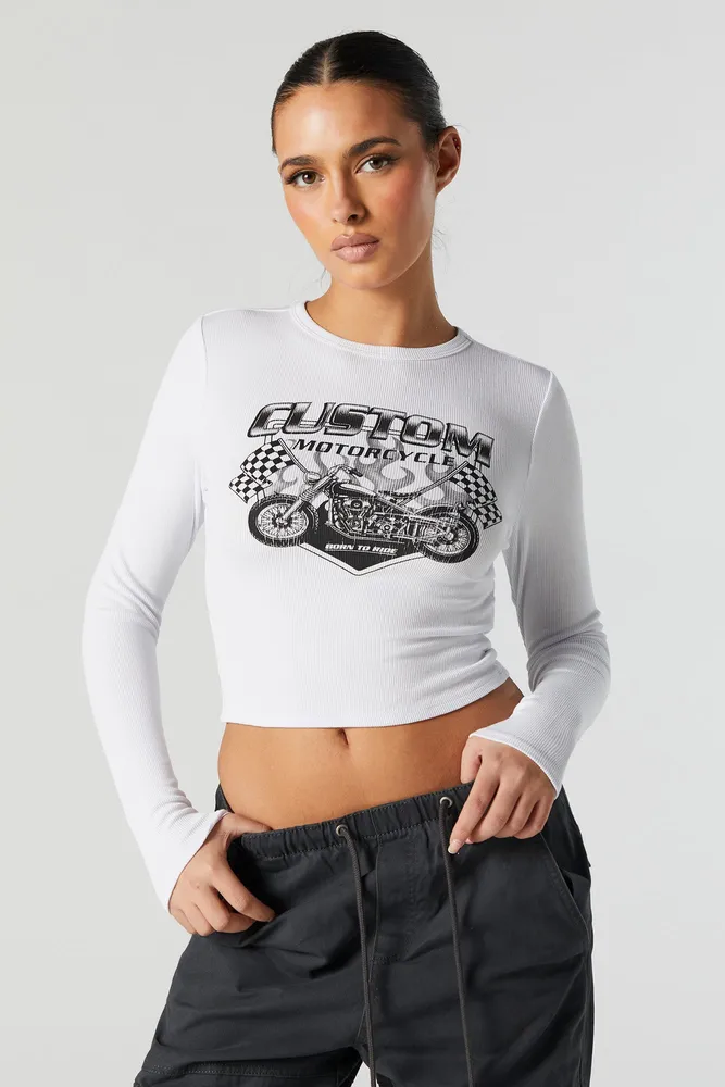 Motorcycle Graphic Long Sleeve Crop Top