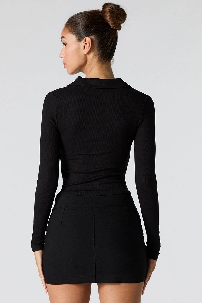 Ribbed Zip Front Collared Long Sleeve Top