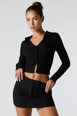 Ribbed Zip Front Collared Long Sleeve Top