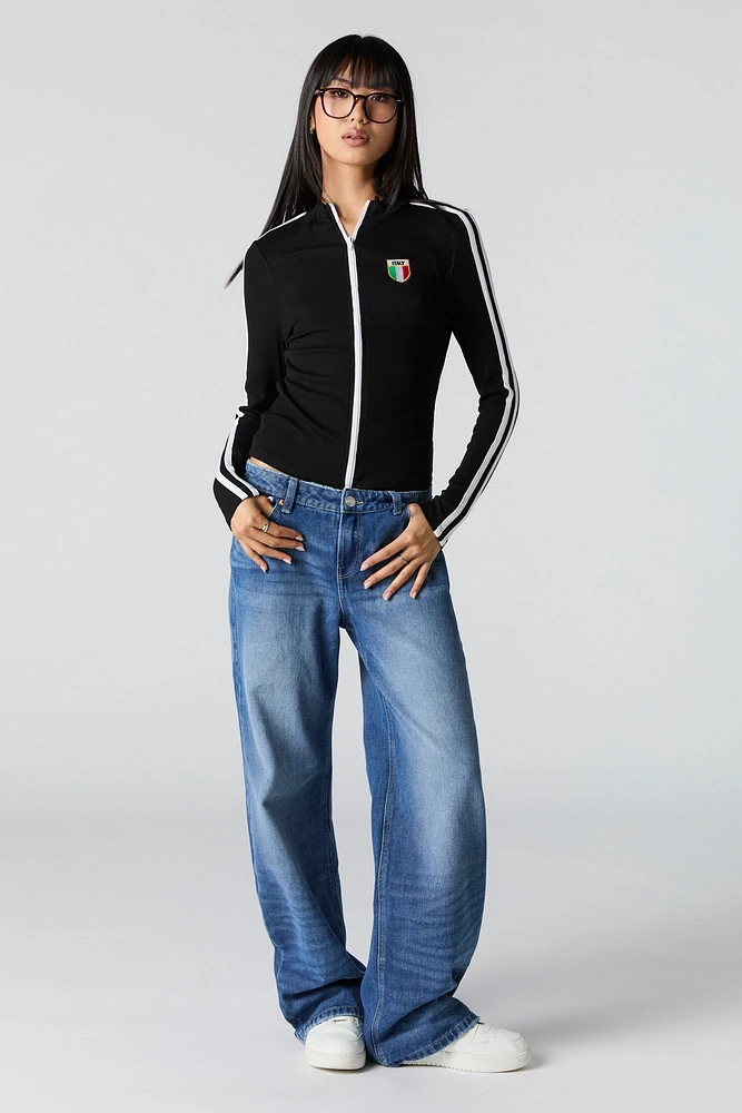 Embroidered Ribbed Zip-Up Sporty Top