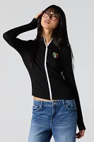 Embroidered Ribbed Zip-Up Sporty Top