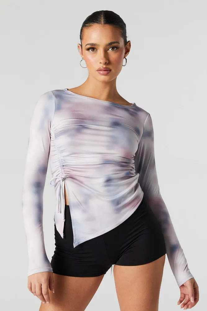 Stitches Contour Abstract Print Asymmetrical Cinched Long Sleeve