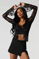 Floral Mesh Tie Front Flyaway Top