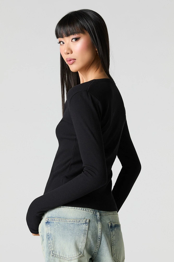 Ribbed V-Neck Button-Up Top
