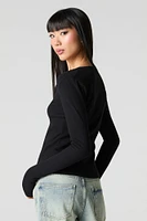Ribbed V-Neck Button-Up Top