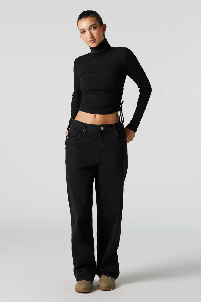 Ribbed Cinched Turtleneck Long Sleeve Top