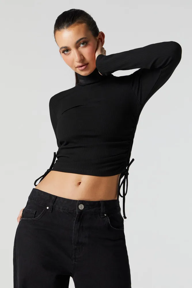 Stitches Ribbed Cinched Turtleneck Long Sleeve Top