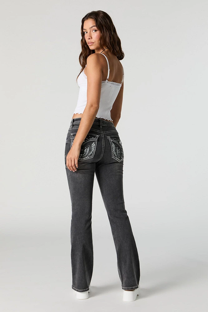 Rhinestone Wing Embroidered Bootcut Jean