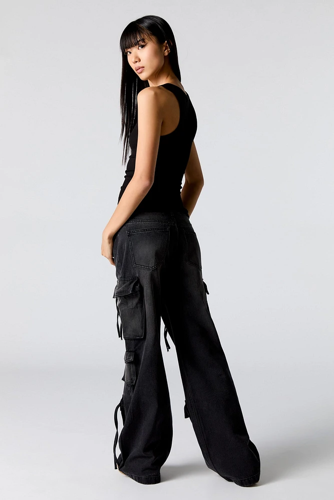 Multi Drawstring Wide Leg Cargo Jean