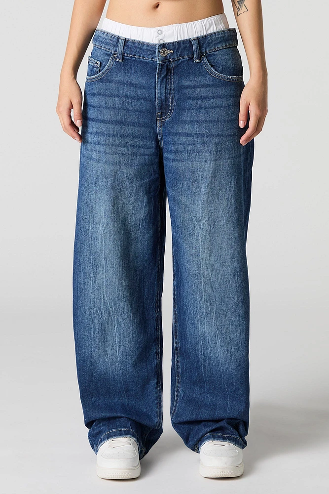 Double Waist Low Rise Baggy Leg Jean