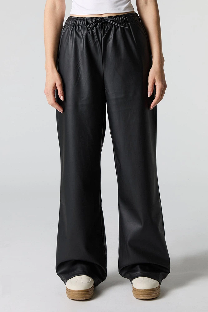 Faux Leather Drawstring Wide Leg Pant