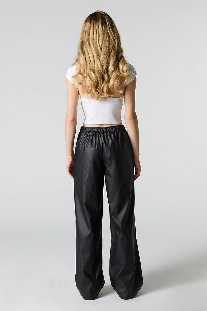 Faux Leather Drawstring Wide Leg Pant