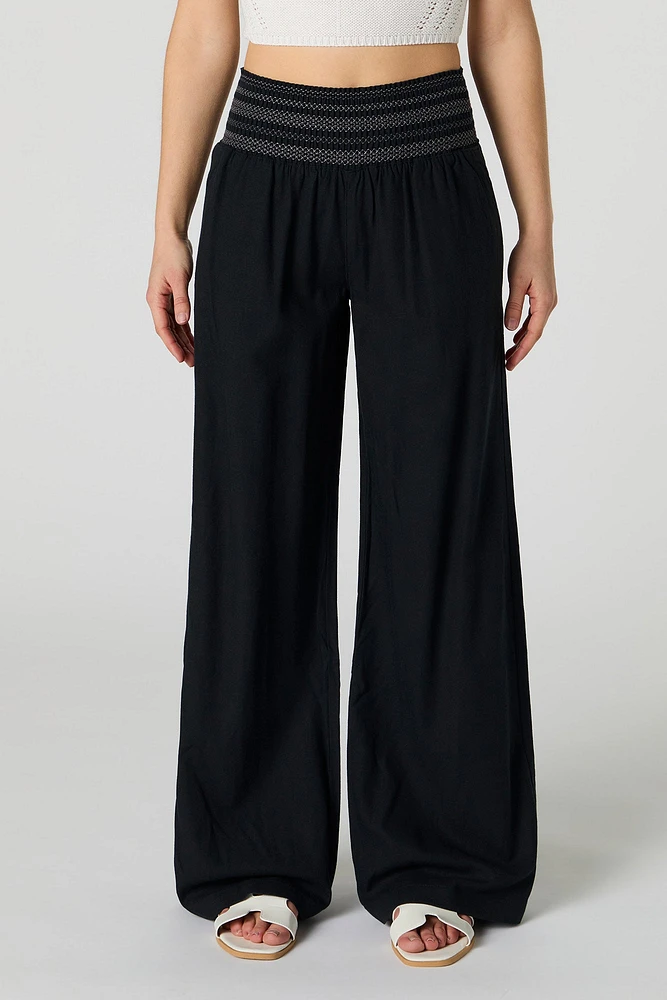 Linen-Blend Smocked Waist Palazzo Pant