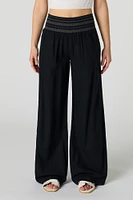 Linen-Blend Smocked Waist Palazzo Pant