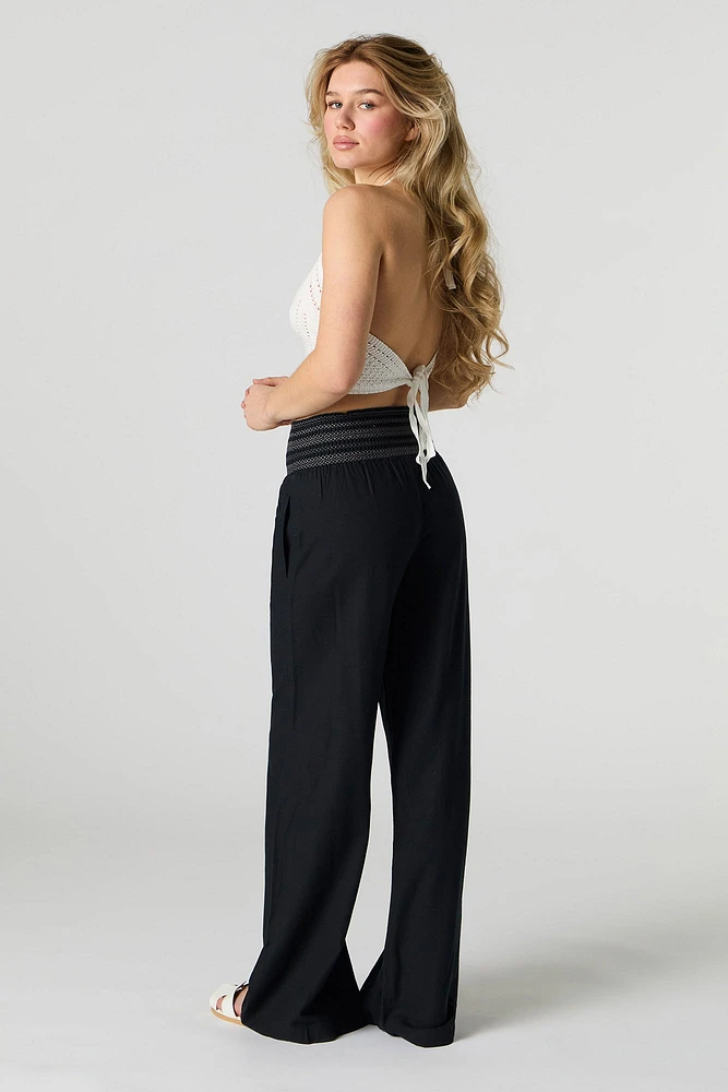Linen-Blend Smocked Waist Palazzo Pant