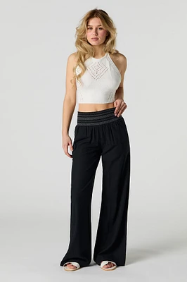 Linen-Blend Smocked Waist Palazzo Pant