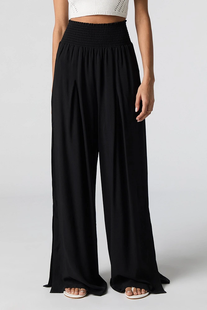 Smocked Waist Slit Palazzo Pant