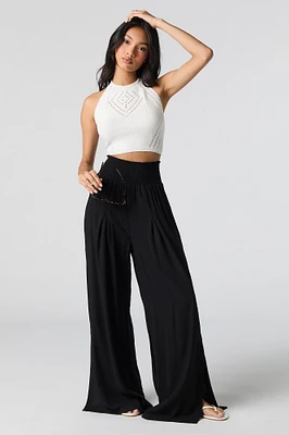 Smocked Waist Slit Palazzo Pant