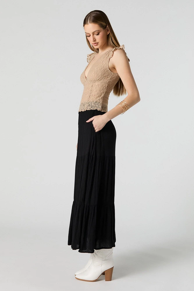 Buttoned Tiered Maxi Skirt