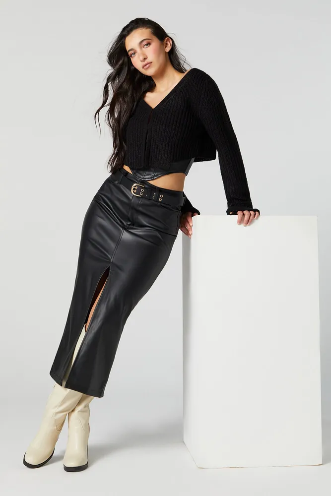 Faux Leather Midi Skirt - L / Black