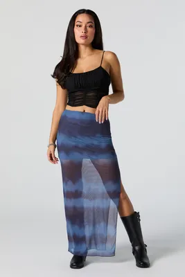 Printed Mesh Slit Maxi Skirt