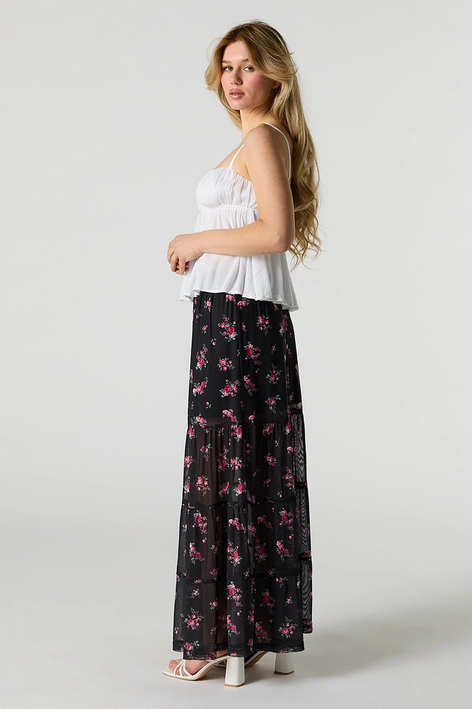 Floral Mesh Tiered Maxi Skirt