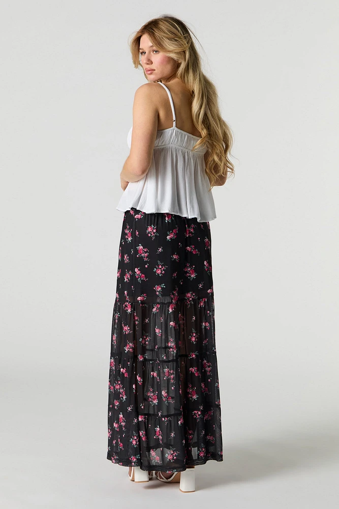 Floral Mesh Tiered Maxi Skirt