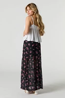 Floral Mesh Tiered Maxi Skirt