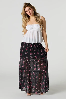 Floral Mesh Tiered Maxi Skirt
