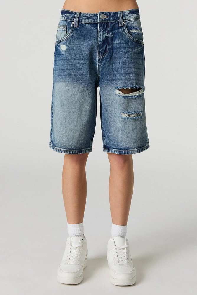 Jort en denim d'aspect usé délavé foncé