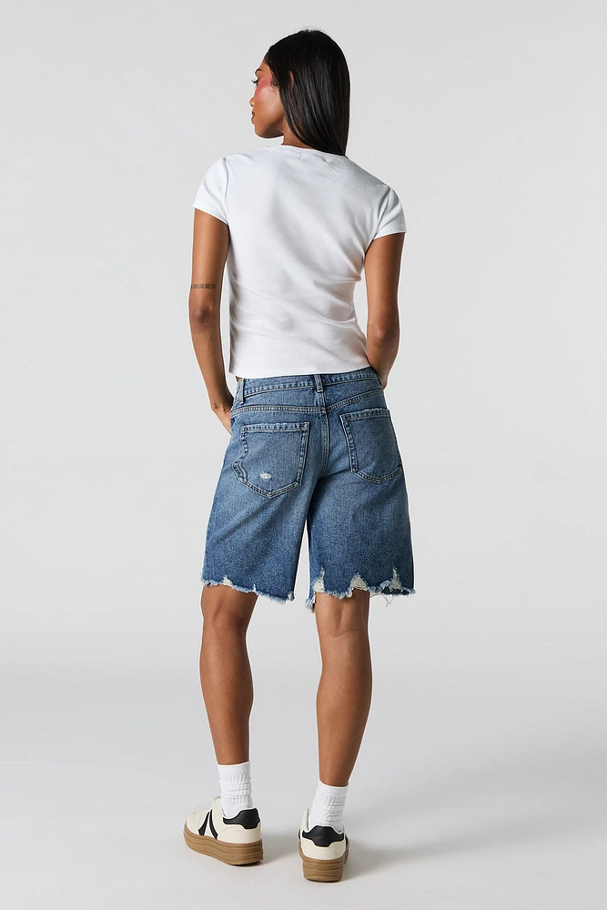 Jean-short ample d'aspect usé délavé foncé