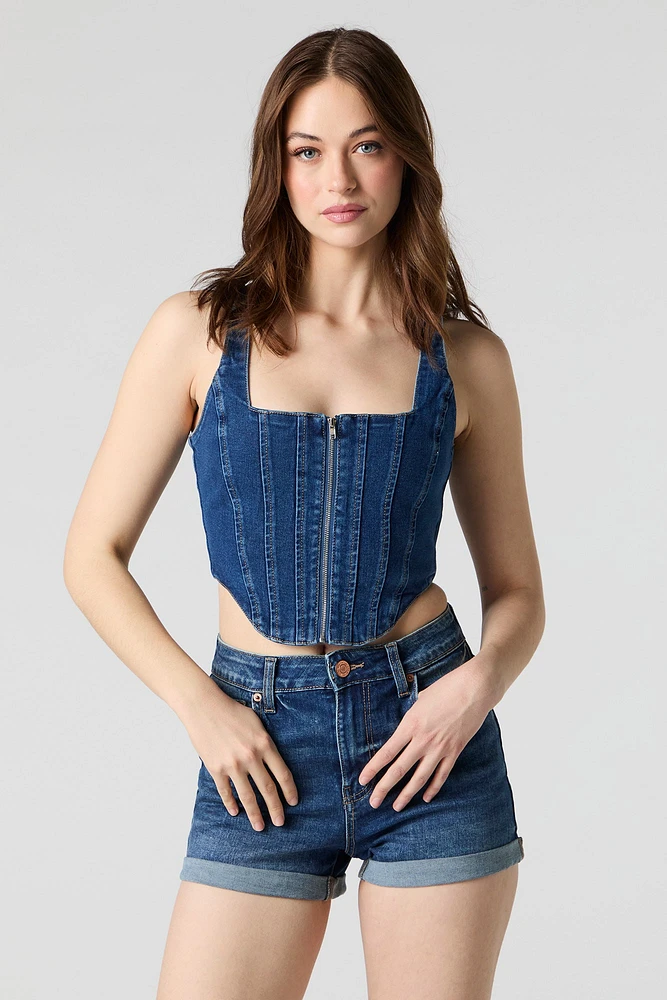 Short en denim extensible à revers roulé délavé foncé