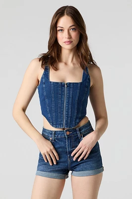 Short en denim extensible à revers roulé délavé fonc