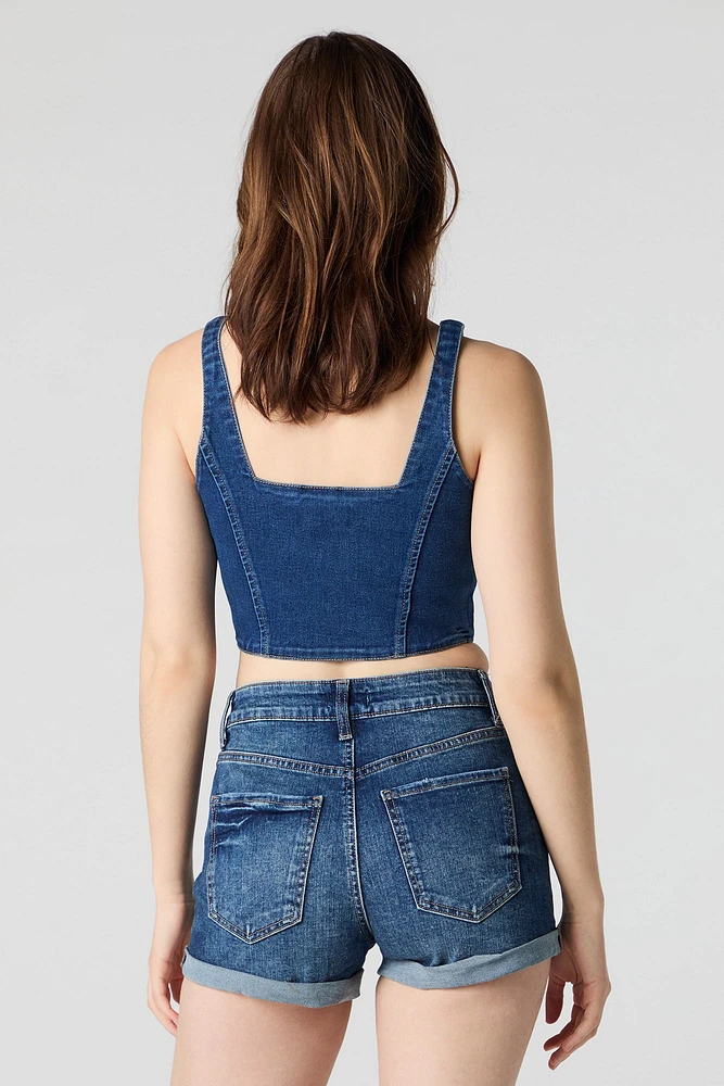 Short en denim extensible à revers roulé délavé foncé