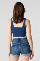 Short en denim extensible à revers roulé délavé foncé