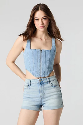 Short en denim extensible à revers roulé délavé pâle