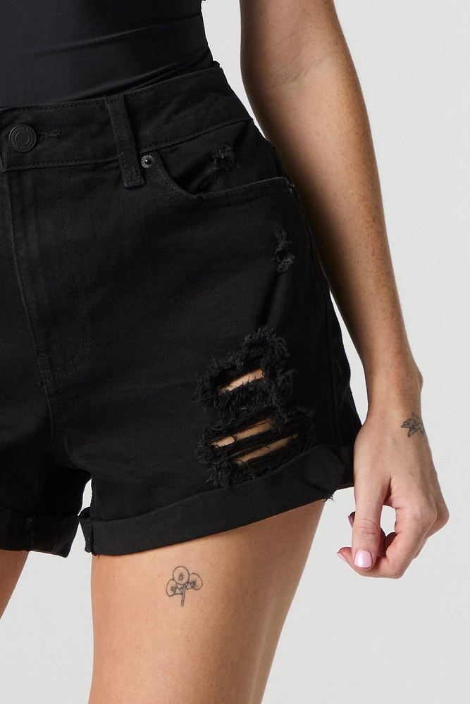 Short en denim extensible taille haute d'aspect usé lavé noir