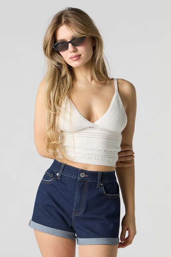 Short taille haute à revers roulé délavé rins