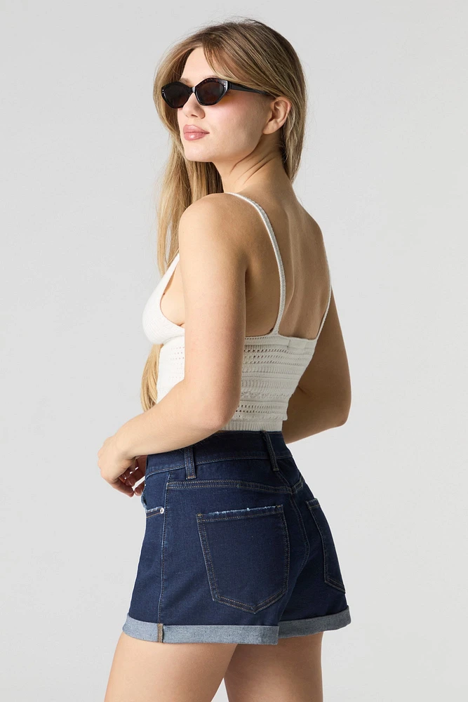 Short taille haute à revers roulé délavé rins