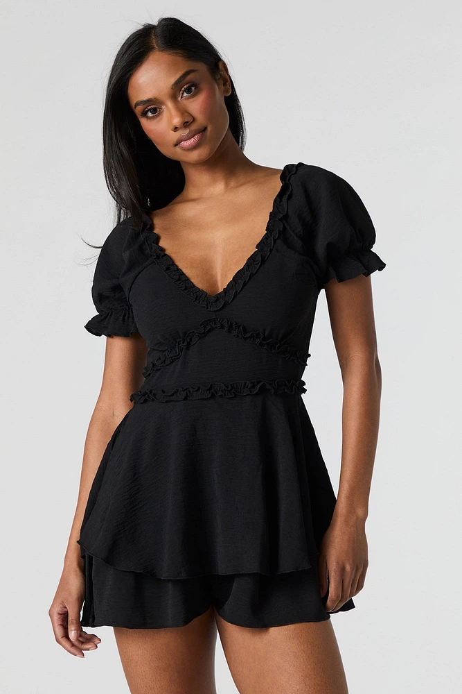 Combi-short à manches bouffantes avec ourlet volanté