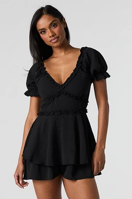 Ruffle Trim Puff Sleeve Tiered Romper