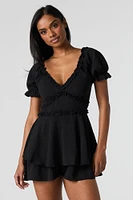 Ruffle Trim Puff Sleeve Tiered Romper