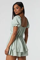 Ruffle Trim Puff Sleeve Tiered Romper