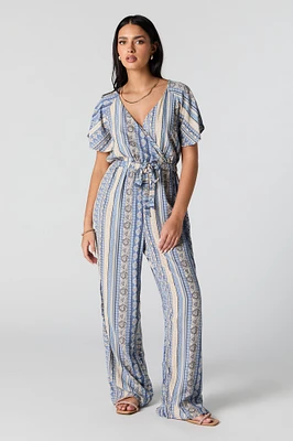 Striped Paisley Print Surplice Belted Jumpsuit