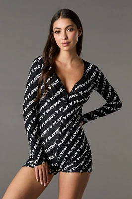 Playboy Print Button Front Pajama Romper